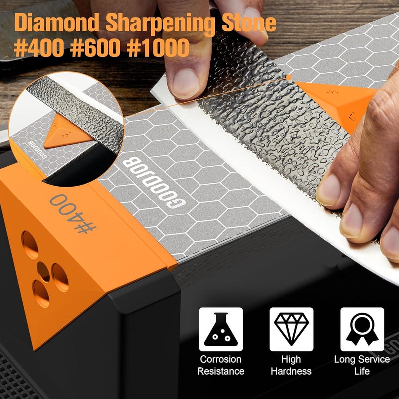 goodjob Extra Large Diamond Sharpening Stone Set 3 Side Grit 400/600/1000 Premium Industrial Diamond Knife Sharpener Suitable for Steel of any Hardness with Angle Guide and Non-Slip Base (GB-3DL) - Image 4